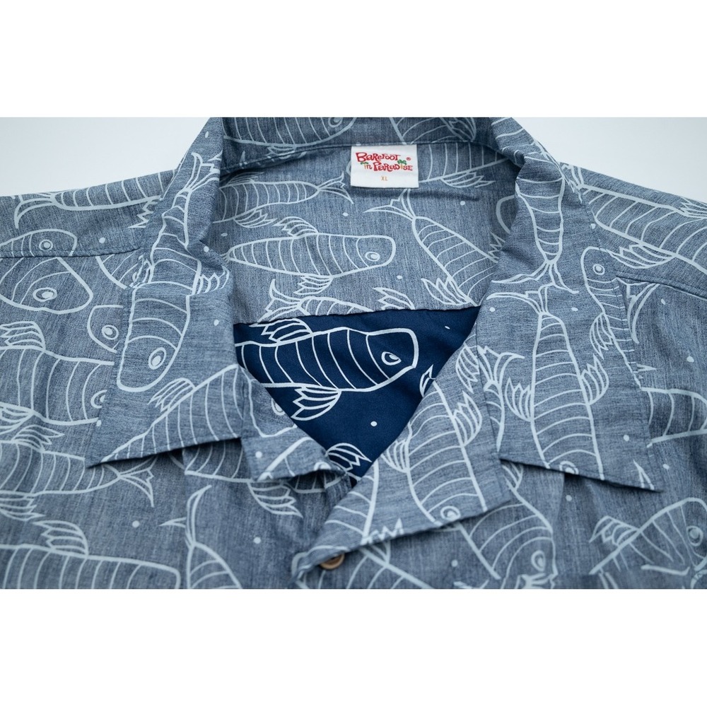 Barefoot In Paradise Reversible Fish Print Shirt Mens XL Blue Short Sleeve Camp